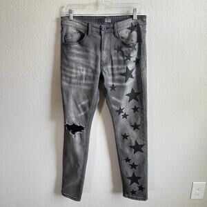 KDNK 11 4 14 11 Gray Black Star Skinny Jeans Men's 30x29 Low Rise Distressed